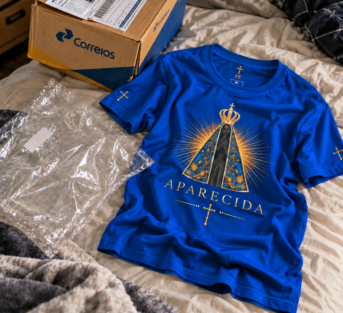 Cinthia recebeu a camiseta e mostrou a estampa da frente aberta na cama, ao lado da caixa dos Correios e da embalagem.